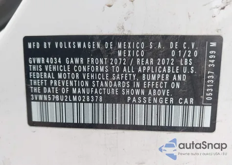 2020 Volkswagen Jetta 1.4T R-Line/1.4T S z USA, uszkodzony, nr VIN 3VWN57BU2LM028378